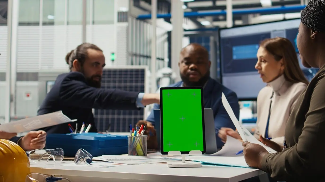 Специалисты фотовольтаического завода разрабатывают прототипы солнечных элементов на макетном устройстве.